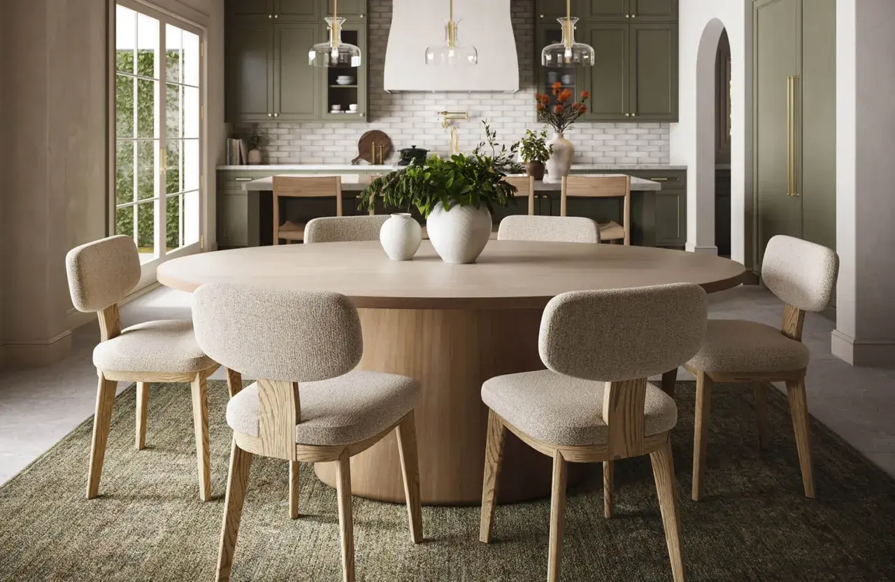 A large, light wood oval dining table with upholstered chairs, showcasing standard oval table sizes for a cozy kitchen.