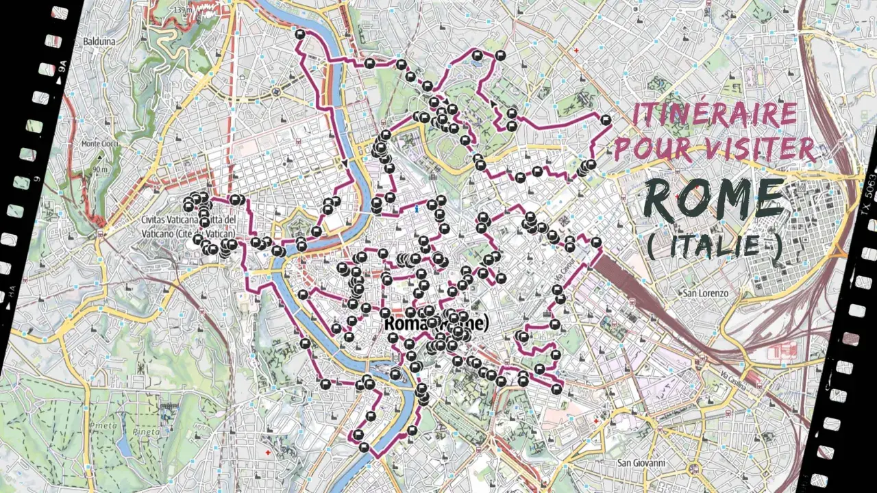 Carte de Rome avec un itinéraire suggéré pour les visites, marqué par des points noirs et une ligne violette. L'image inclut le texte "Itinéraire pour visiter Rome (Italie)".
