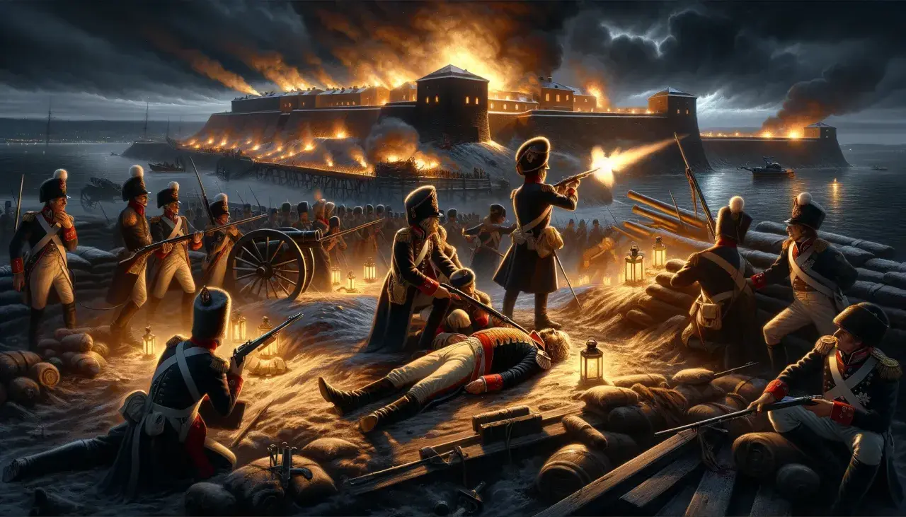 Soldater i strid vid en brinnande fästning. En fallen man i uniform ligger på marken, kanske en scen som påminner om hur dog Karl XII.