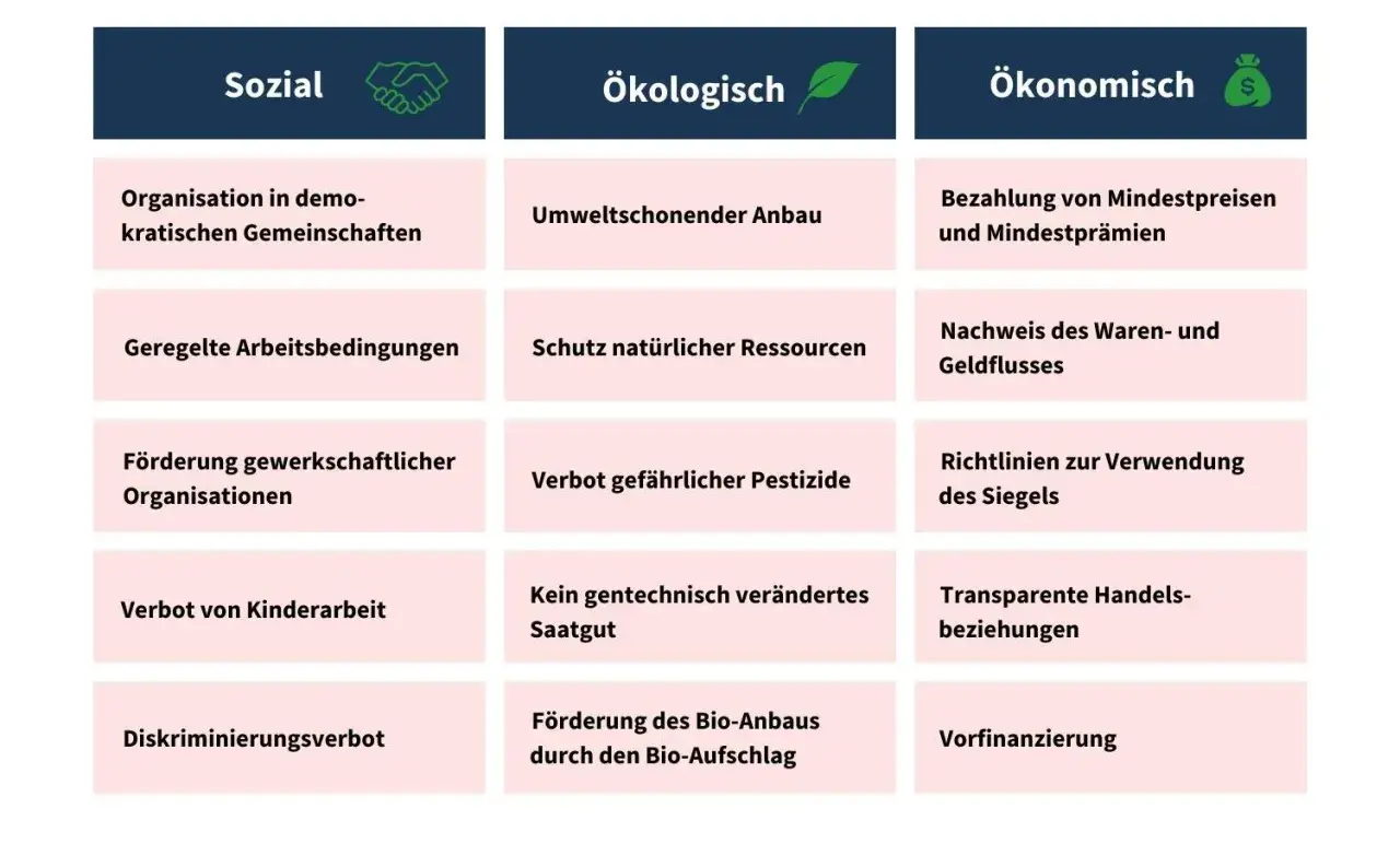 Die Tabelle zeigt, ob ist fairtrade wirklich fair: sozial (Demokratie, faire Arbeit, keine Kinderarbeit), ökologisch (Umweltschutz, keine Pestizide) und ökonomisch (faire Preise, Transparenz).