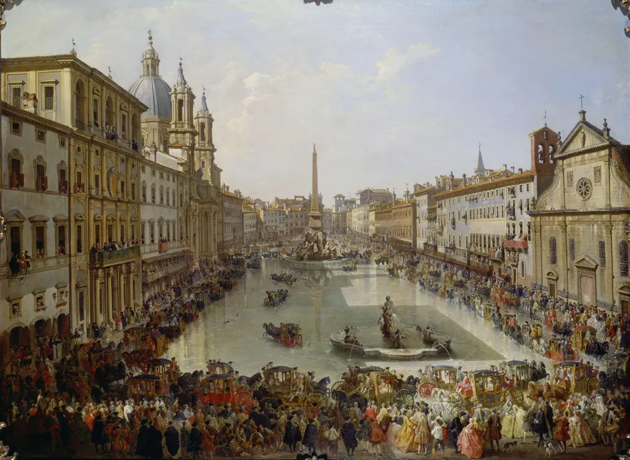 Piazza Navona prima e dopo: una vivace scena romana con carrozze, folla e fontane, un'istantanea di vita e architettura.