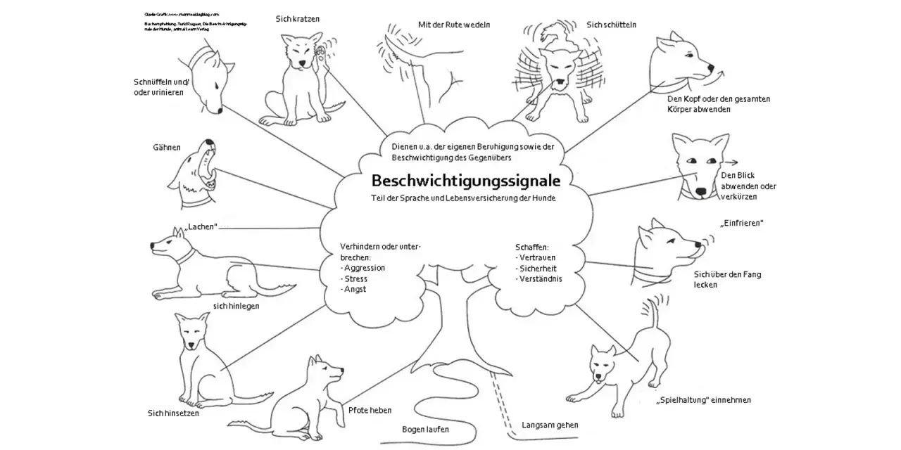 Schema zeigt verschiedene **Hund Zeichen** für Beschwichtigungssignale, wie Gähnen, Kopf abwenden oder sich schütteln.