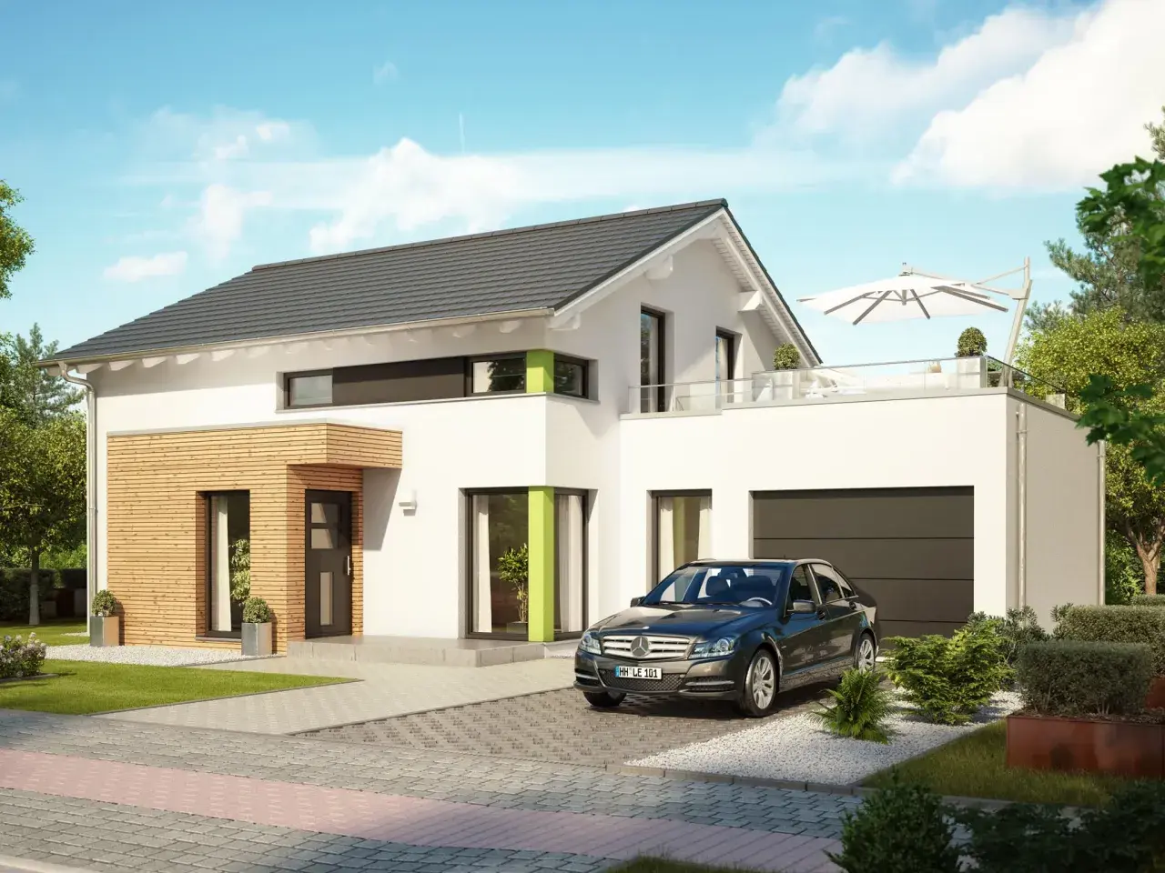 Modernes Haus mit Garage und Satteldach, davor ein dunkles Auto. Sonnenschirm auf der Terrasse.