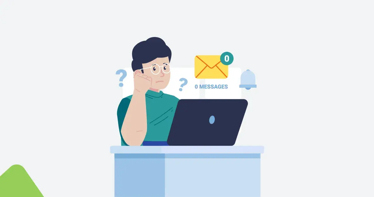 Persona sentada frente a una laptop, con signos de interrogación y un sobre con cero mensajes, sintiendo cómo alguien puede desaparecer de la vida de alguien.