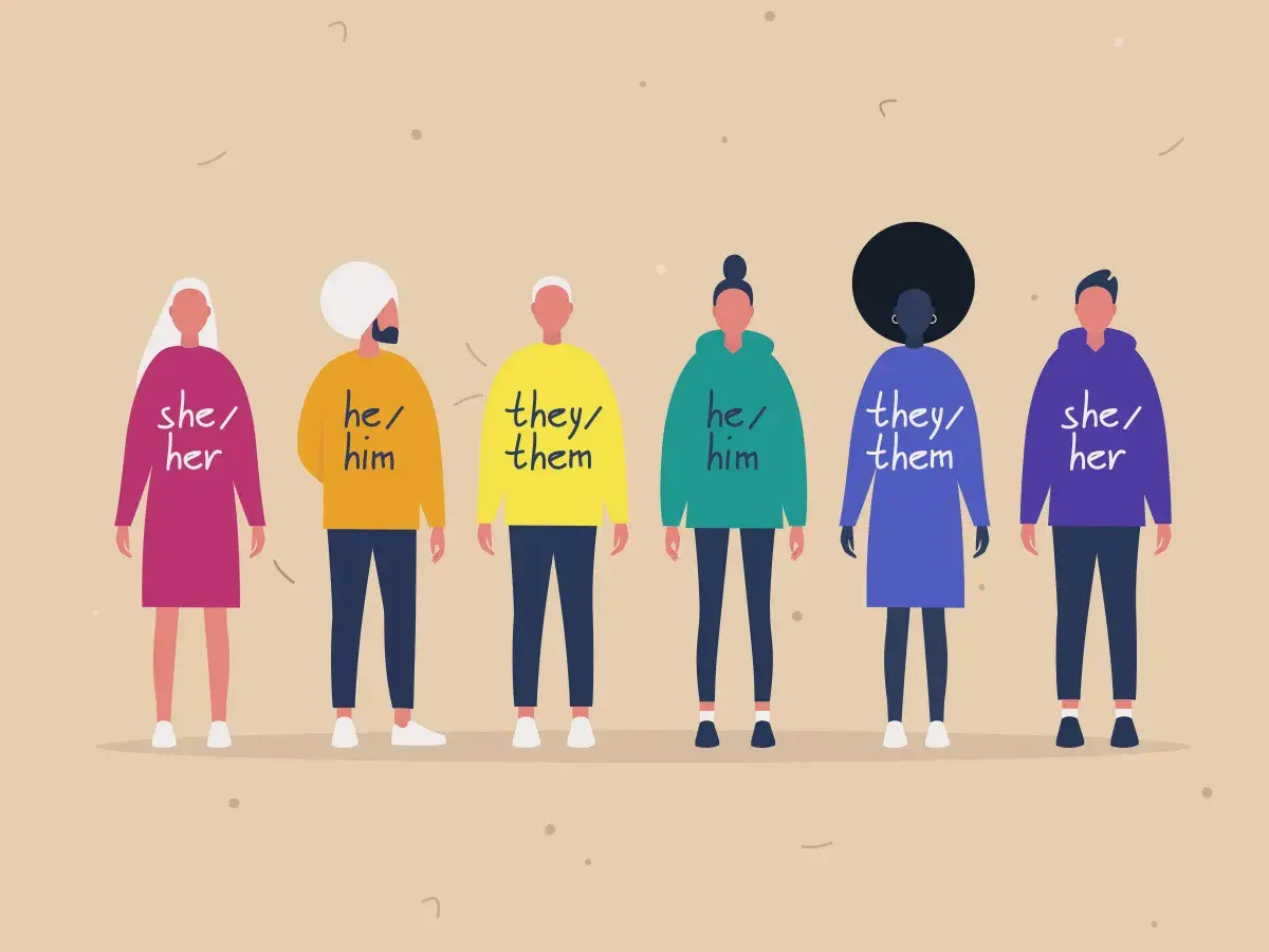 Sei persone con pronomi diversi: she/her, he/him, they/them.