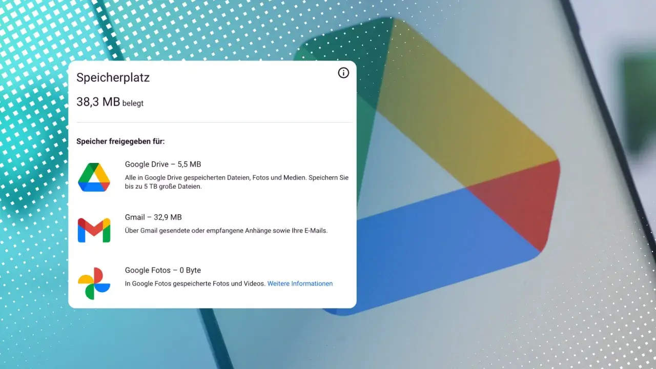 Speicherplatzanzeige: 38,3 MB belegt, davon 32,9 MB für Gmail. Der google speicher voll ist noch nicht erreicht.