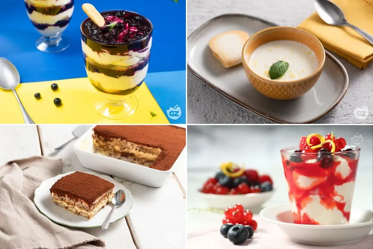 Varietà di dolci freddi: coppette con frutti di bosco, tiramisù e crema.