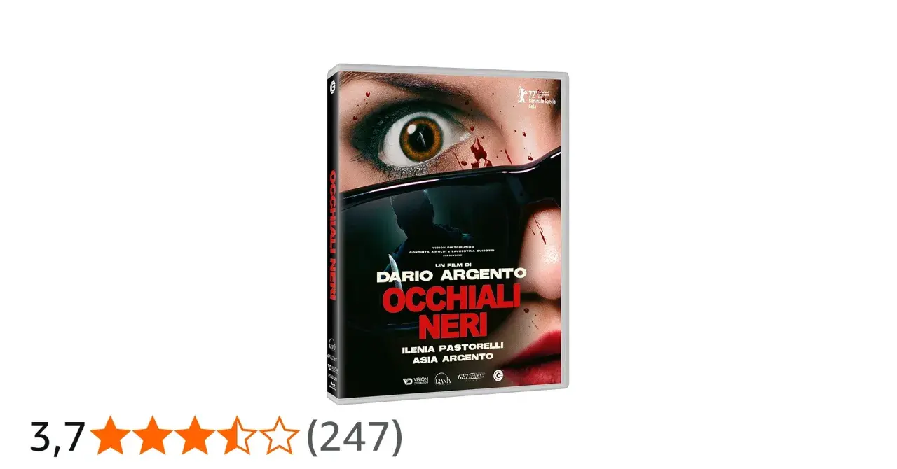Copertina DVD "Occhiali Neri" di Dario Argento, con un occhio spaventato e riflessi di occhiali da sole. Le recensioni indicano un voto medio.