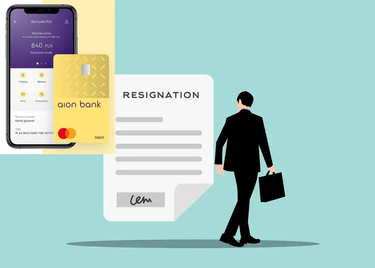 Mężczyzna w garniturze odchodzi z dokumentem "RESIGNATION", obok widoczny telefon i karta z logo aion bank.
