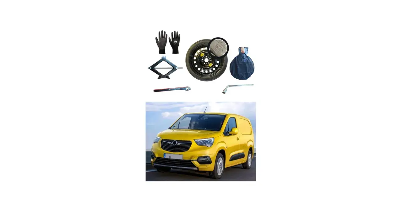 Kit para sacar rueda repuesto Opel Combo: gato, llave, guantes y funda para neumático.
