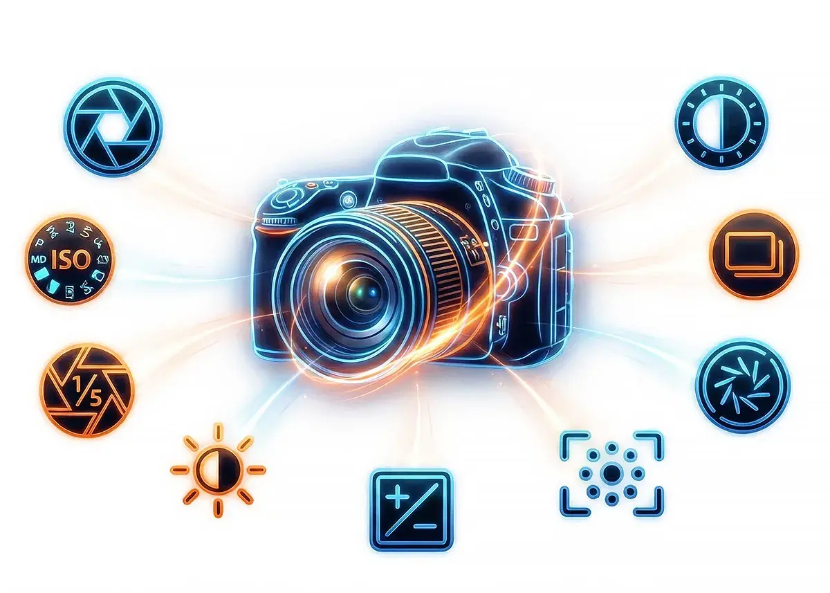 Stylizowana fotografia produktowa aparatu z ikonami ustawień: przysłona, ISO, balans bieli, ekspozycja, tryby fotograficzne.