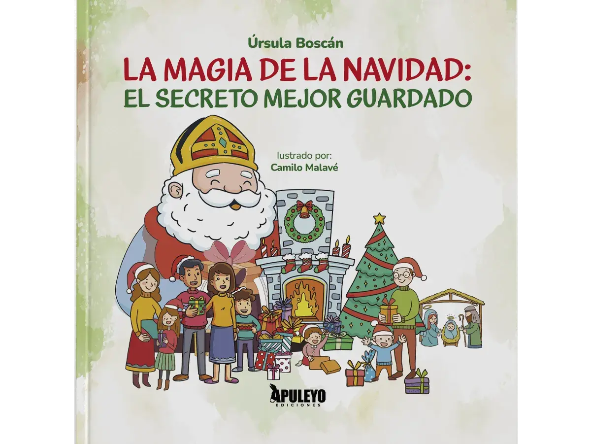 Ilustración de libro infantil sobre las leyendas de navidad, con San Nicolás, una familia, un árbol y un belén.