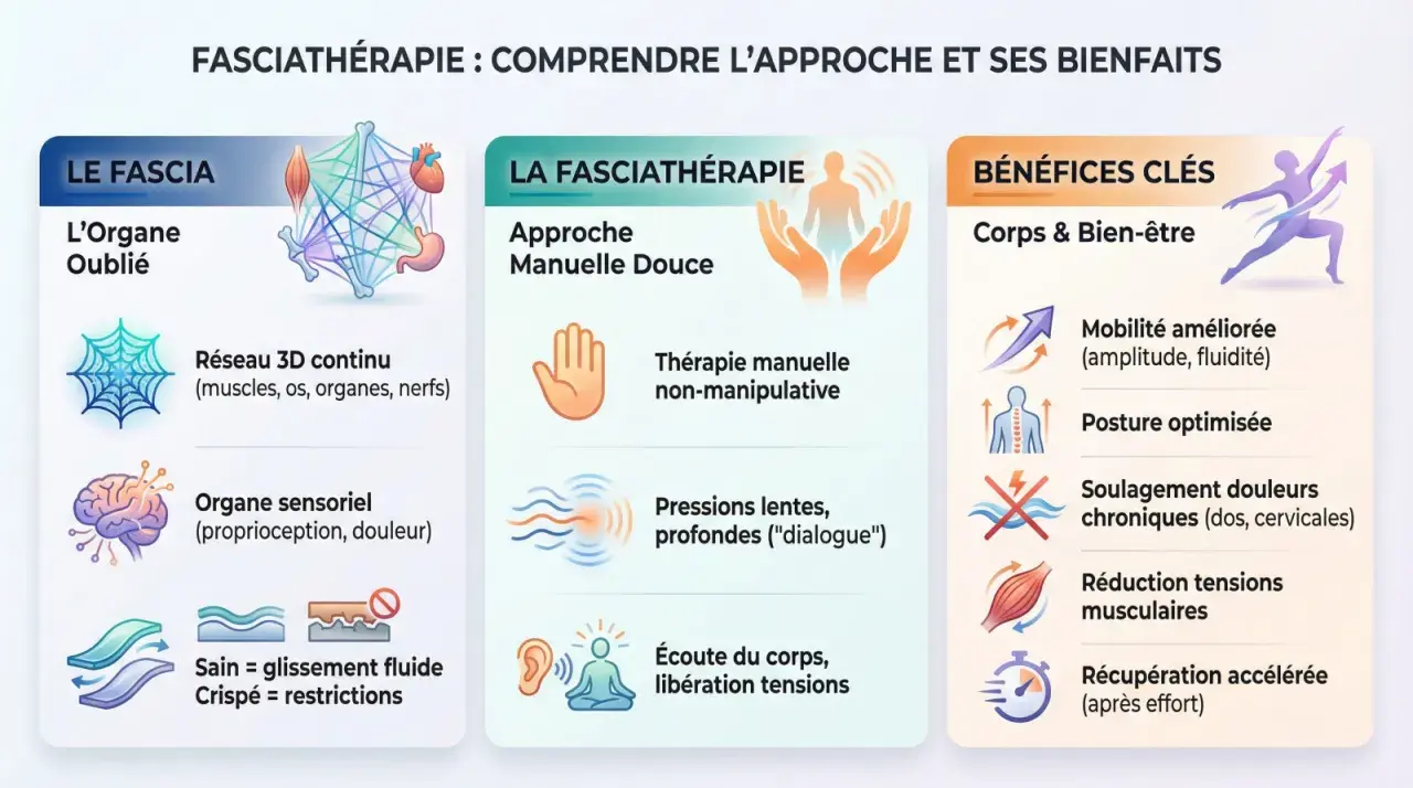 Infographie expliquant la fasciathérapie : son approche manuelle douce, le rôle du fascia comme réseau 3D et organe sensoriel, et ses bénéfices clés pour le corps et le bien-être.