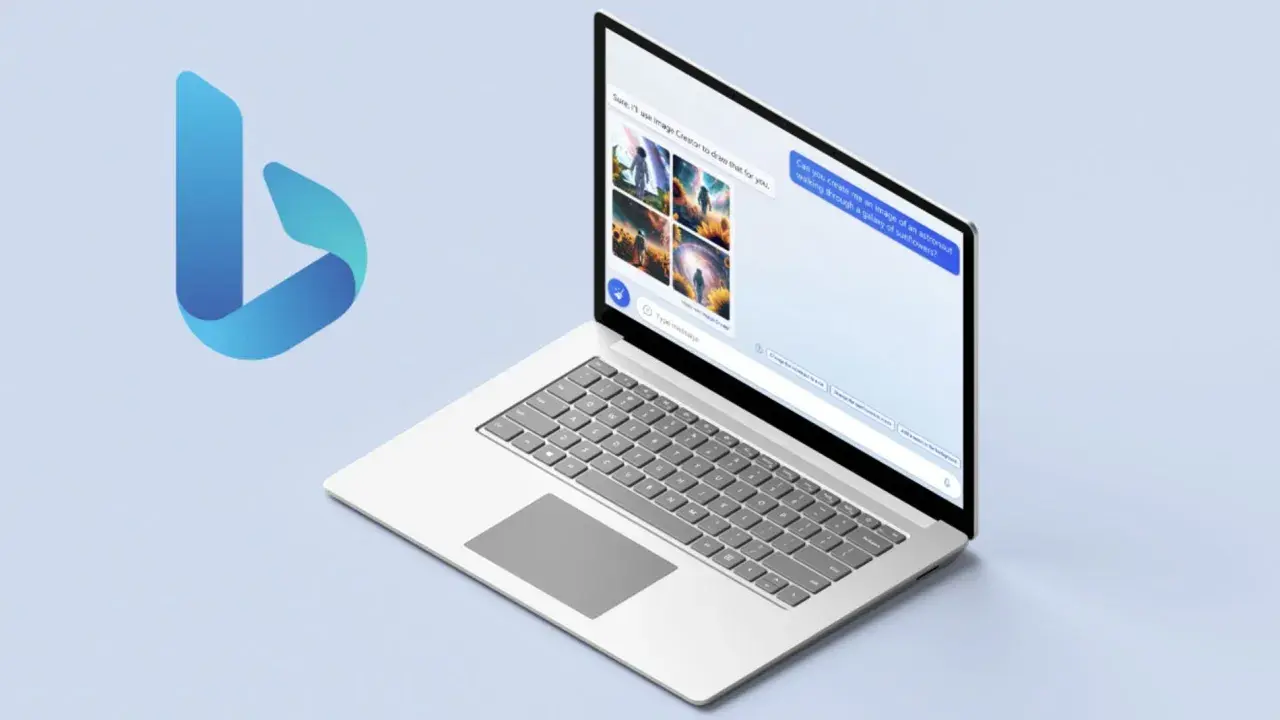 El logo de Bing junto a una laptop muestra cómo el generador de imágenes de Bing crea arte visualmente impactante.