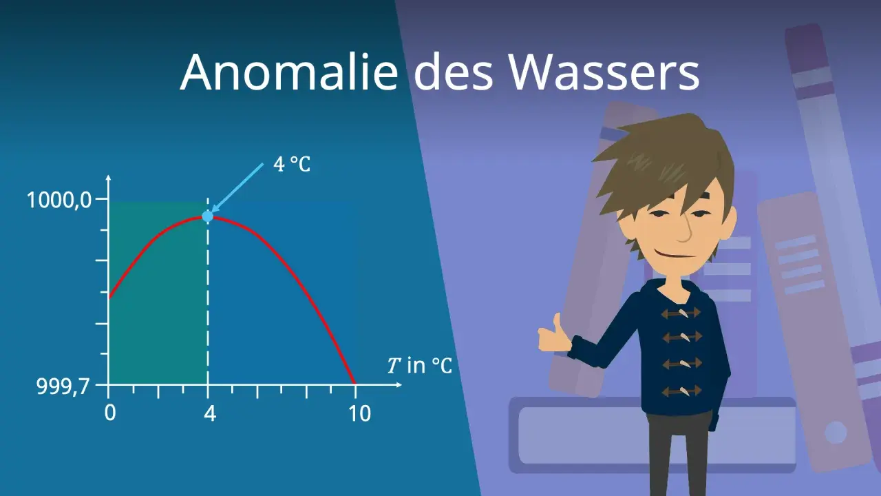 Diagramm zeigt die Anomalie des Wassers: bei 4°C hat Wasser die größte Dichte. Ein Junge steht vor Bücherregalen.