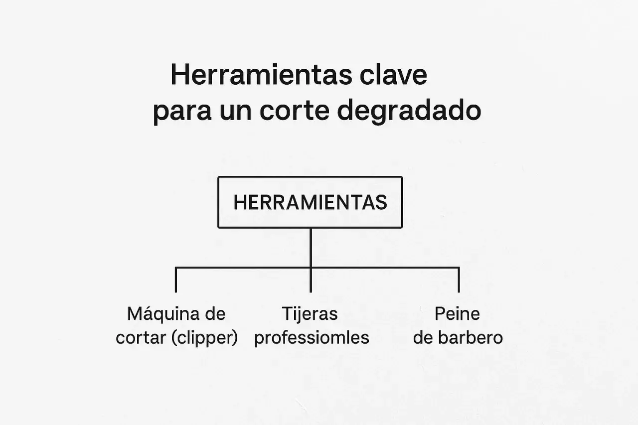 Diagrama de flujo: Herramientas para un corte degradado. Incluye máquina de cortar, tijeras y peine de barbero.