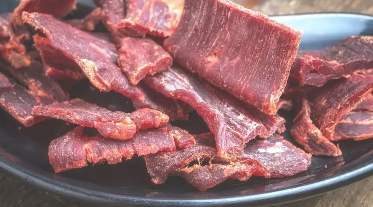 Suszone plastry mięsa wołowego na czarnym talerzu. Idealne do przekąski, gdy szukasz prostego beef jerky przepis.
