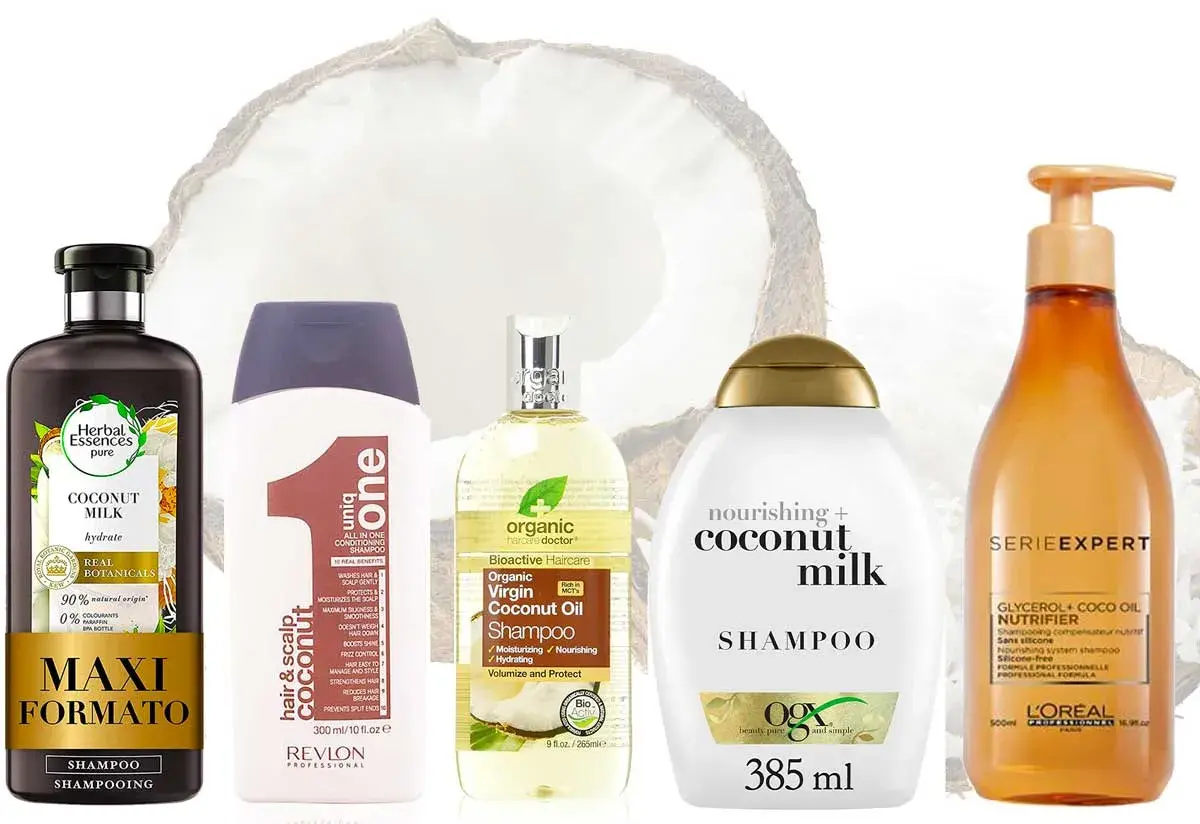 Vari shampoo al cocco, evidenziando i benefici idratanti e nutrienti per i capelli.
