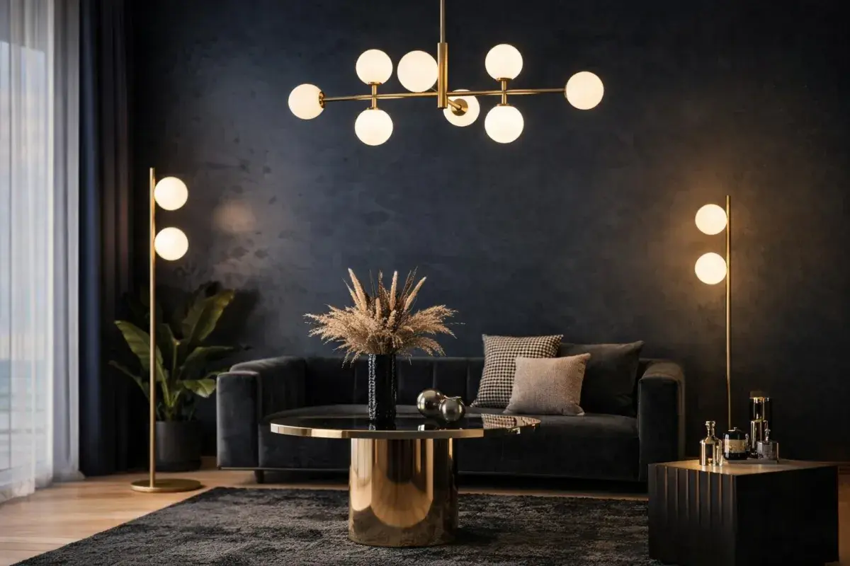Elegante salón con lámparas bombillas decorativas doradas, sofá oscuro y mesa de centro dorada.