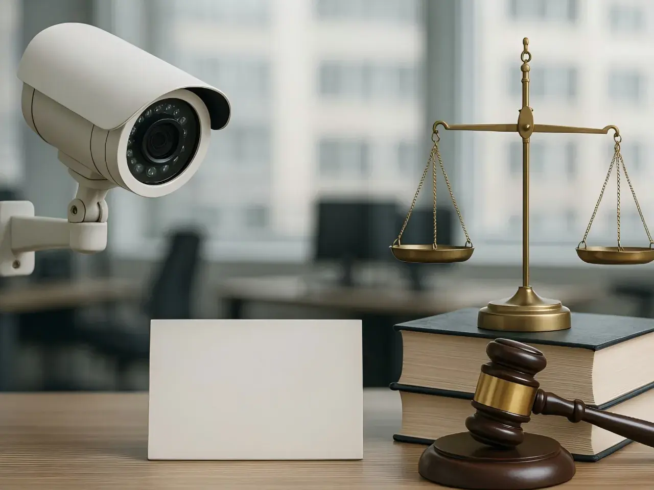 Une caméra de surveillance, une balance de la justice et un maillet de juge sur des livres. La question se pose : doit on déclarer une caméra de surveillance ?