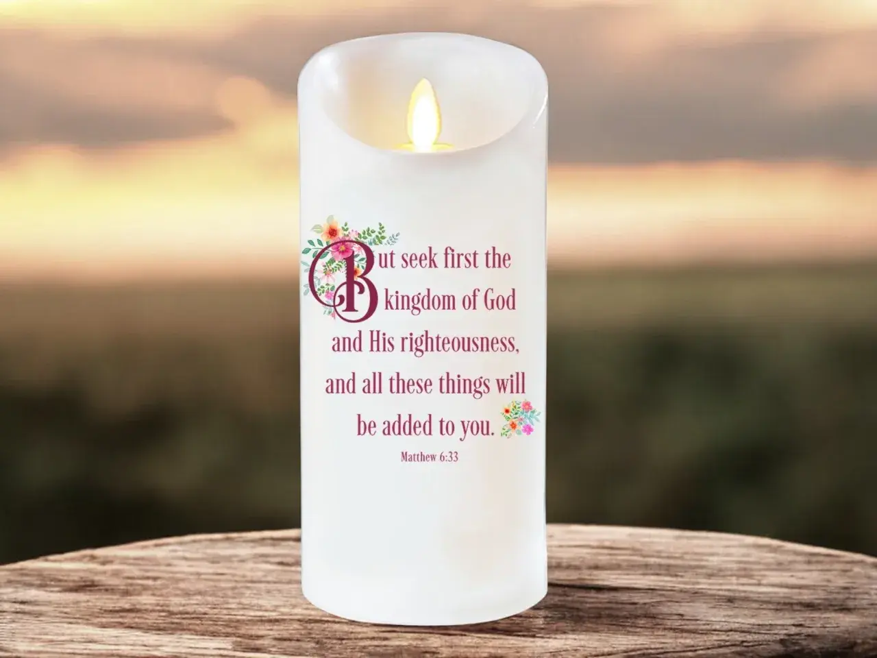 Vela LED con cita bíblica, ideal como recuerdo para un ser querido fallecido.