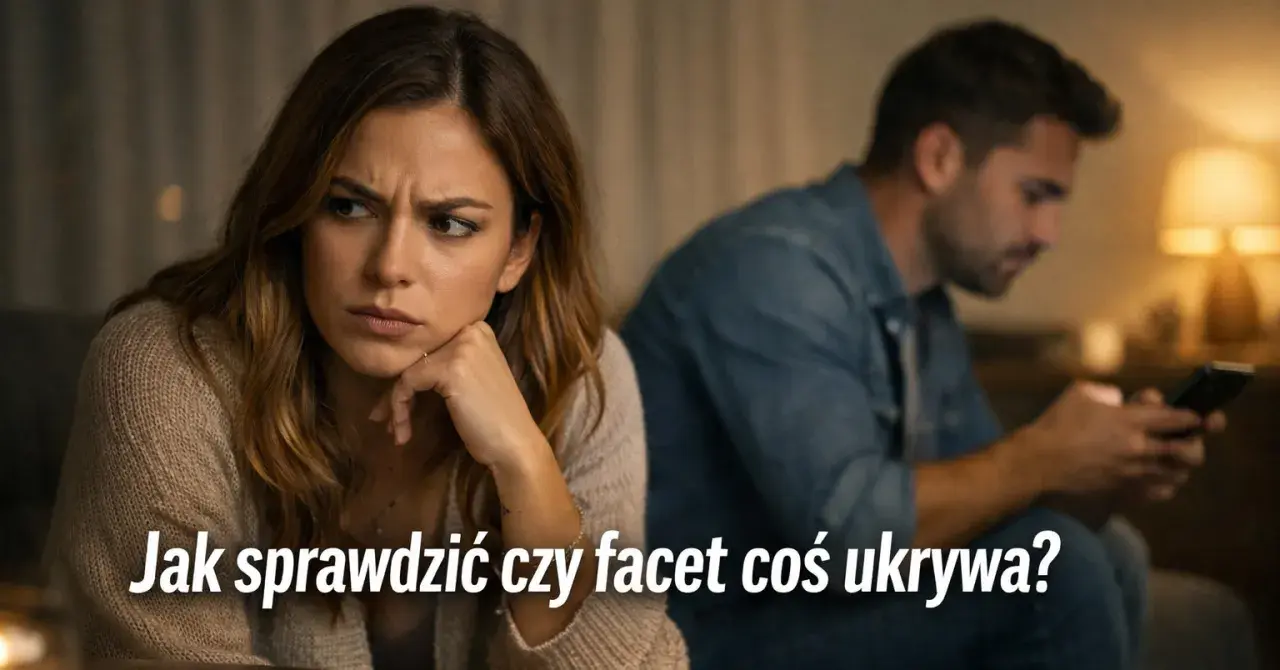 Zmartwiona kobieta patrzy w bok, podczas gdy mężczyzna z tyłu ukrywa telefon. Czy facet nie chce pokazać telefonu?