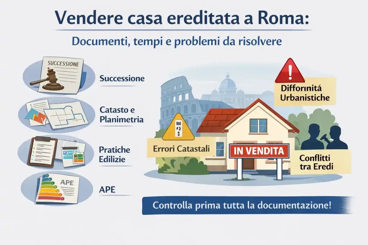 Vendere casa ereditata a Roma: successione, catasto, pratiche edilizie, APE, errori catastali, differenze urbanistiche, conflitti tra eredi. Costo accettazione eredità vendita immobile.