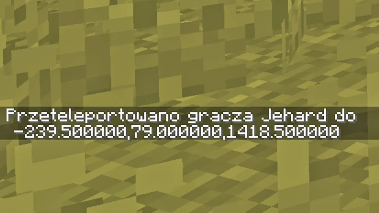 Gracz Jehhard został teleportowany. Komenda `/tp` z niewidzialną ramką na przedmiot (invisible item frame command) pozwala na precyzyjne przenoszenie postaci.