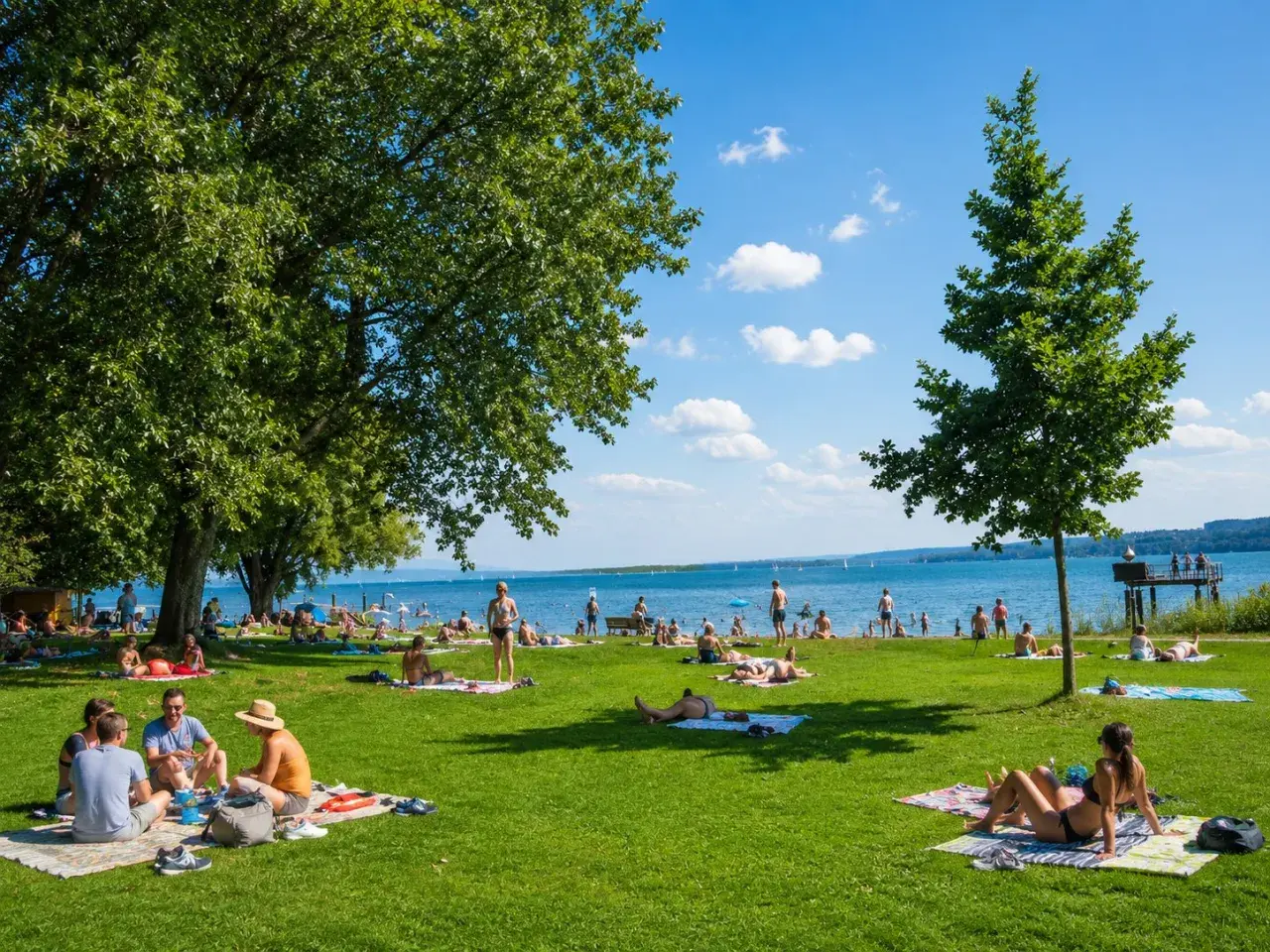 Sonniger Tag im Strandbad Bodensee. Menschen entspannen auf Decken im Gras, baden im See und genießen die Aussicht.