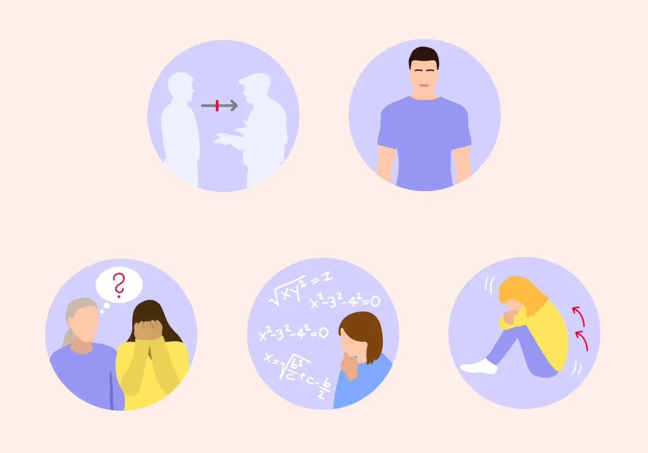 Illustrationen, die Herausforderungen im sozialen Umgang, Einsamkeit und mathematische Formeln zeigen, thematisieren das Asperger Syndrom bei Erwachsenen.