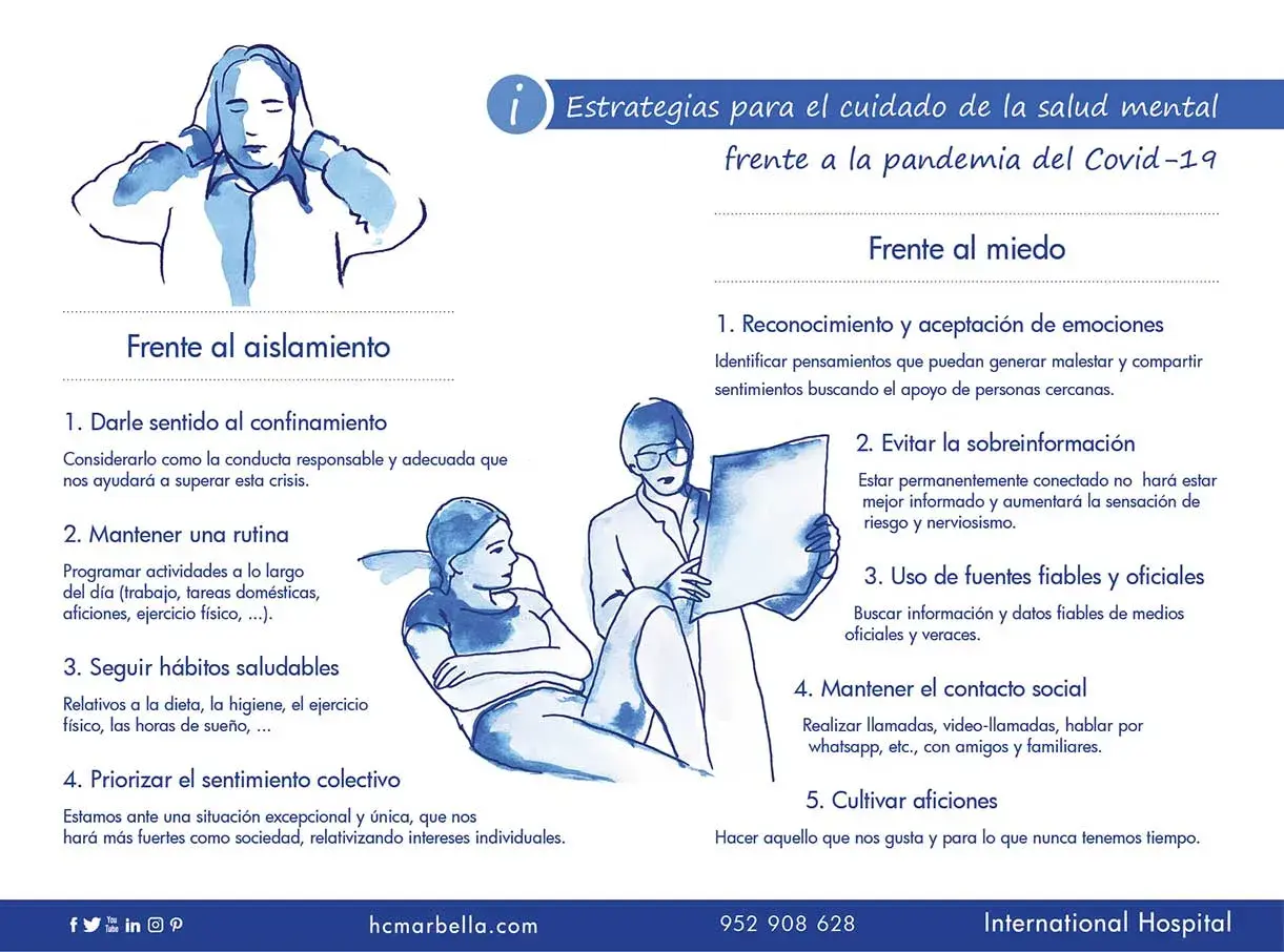 Ilustración de estrategias de salud mental ante la pandemia. Una persona con las manos en las orejas, frente al aislamiento. Otra persona lee un folleto a otra sentada, frente al miedo. Una terapia de choque para el bienestar.