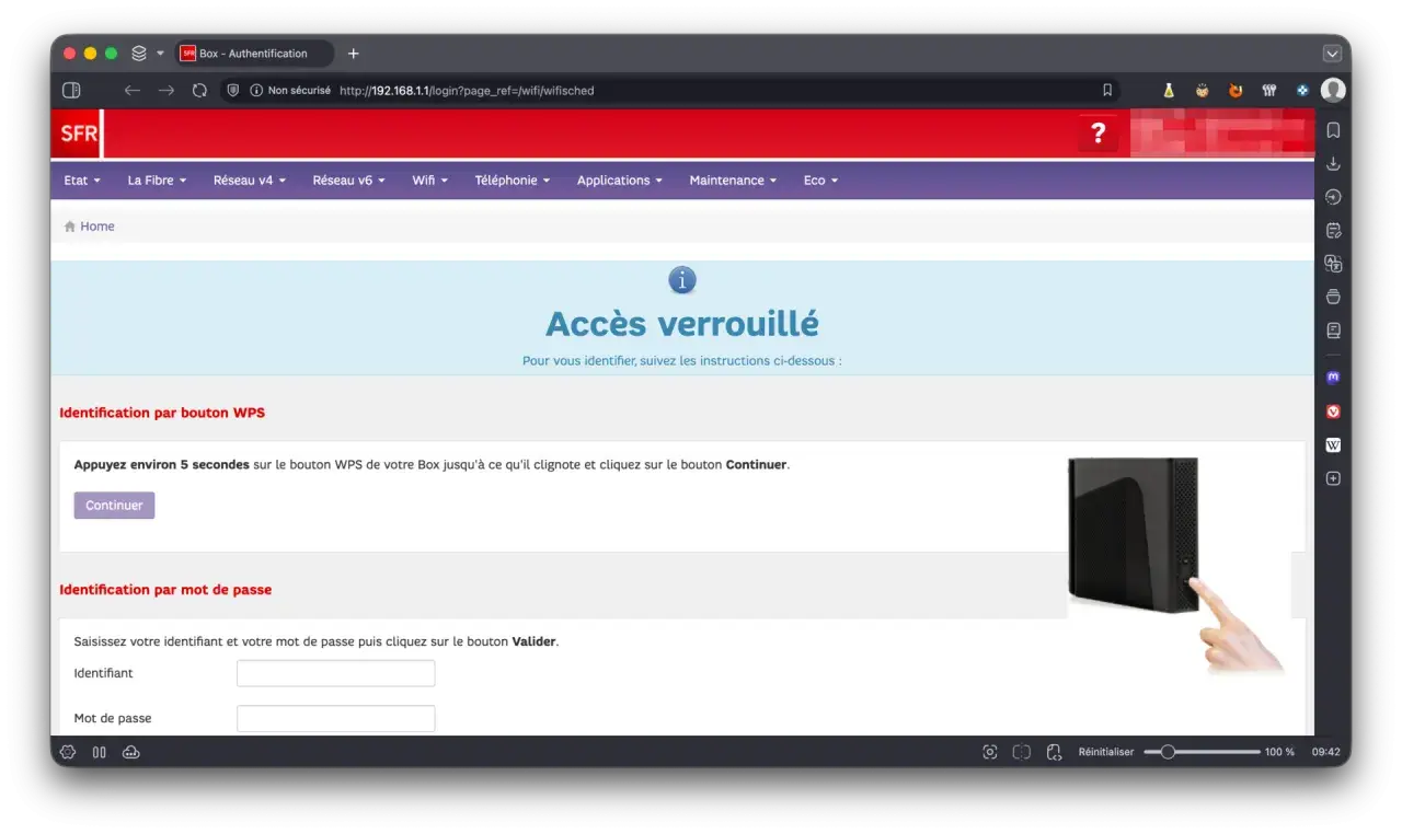 Accès verrouillé. Pour identifier votre Box, appuyez sur le bouton WPS jusqu'à ce qu'il clignote. Une image montre un doigt appuyant sur le bouton WPS.