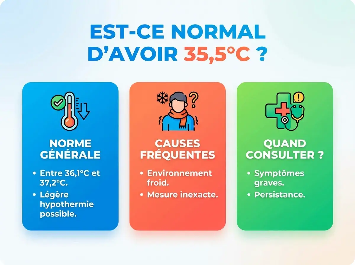 Infographie sur la température normale du corps. Elle explique les normes générales, les causes fréquentes d'une température basse (comme le froid) et quand consulter un médecin.