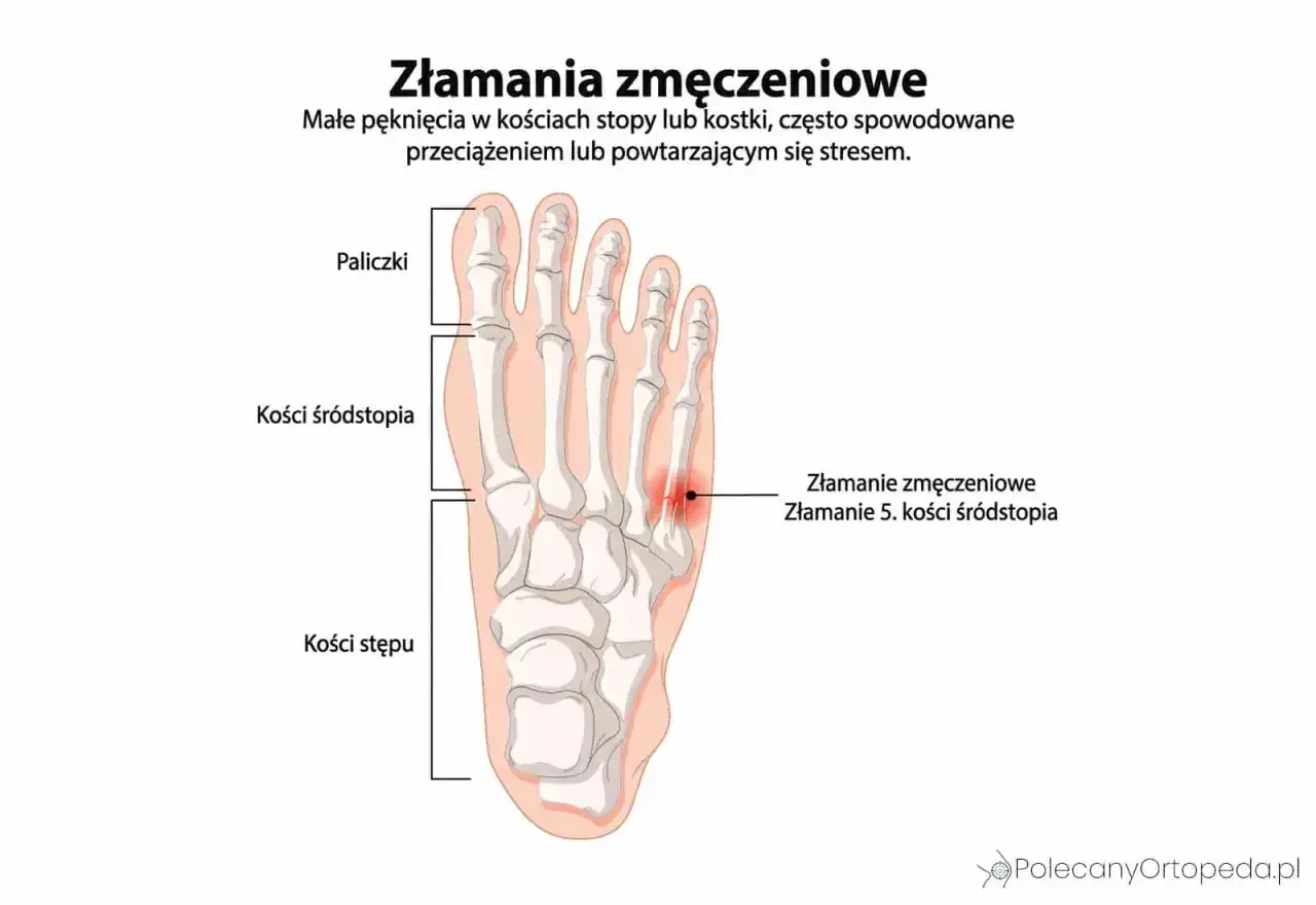 Złamanie zmęczeniowe 5. kości śródstopia, widoczne jako czerwona plama na szkielecie stopy.