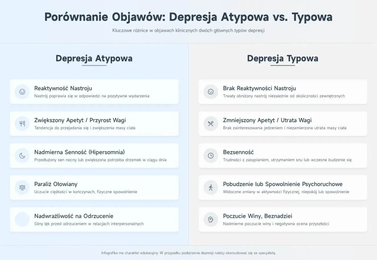 Porównanie objawów depresji: atypowa (reaktywny nastrój, zwiększony apetyt) vs. typowa (brak reaktywności, obniżony nastrój).