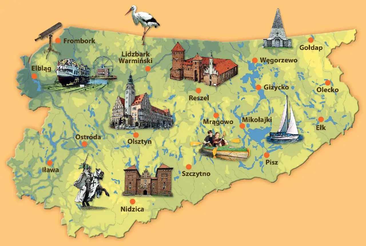 Mazury, jakie województwo? Mapa pokazuje atrakcje i miasta Warmii i Mazur: Elbląg, Frombork, Olsztyn, Mikołajki, Giżycko, Gołdap.