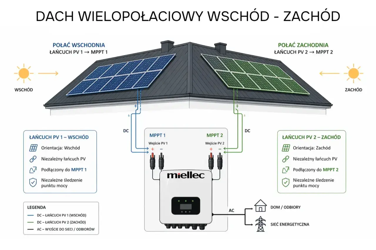 Schemat instalacji fotowoltaicznej na dachu dwuspadowym. Pokazuje, jak falownik z dwoma MPPT zarządza panelami na wschodniej i zachodniej połaci.