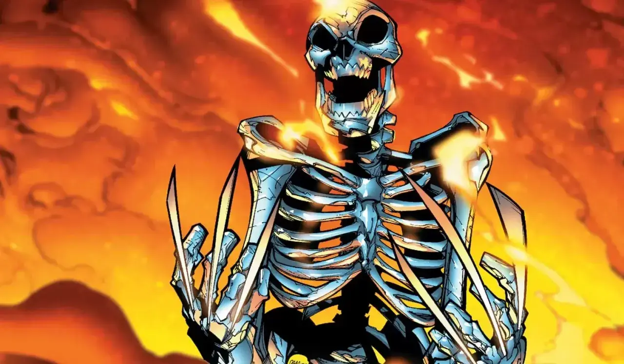 Un squelette wolverine aux griffes acérées émerge des flammes ardentes, prêt à l'attaque.