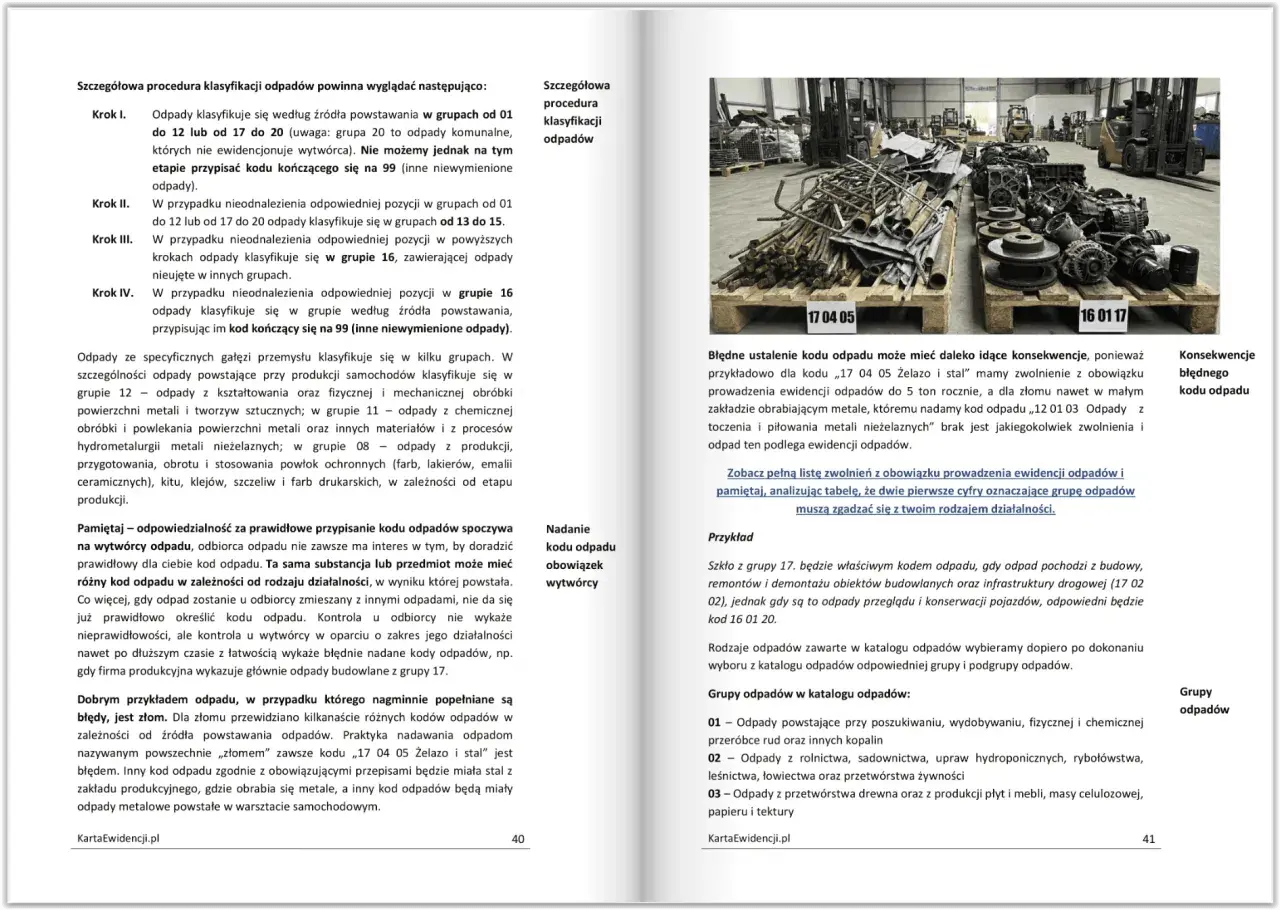Na zdjęciu z-03 widać składowisko złomu z widocznymi kodami 17 04 05 i 16 01 17.