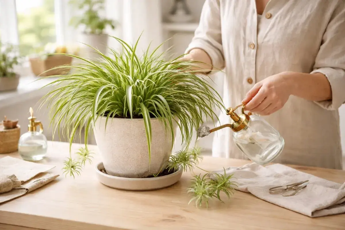 En person vattnar en ampellilja. Små plantor hänger ner som små kattungar.