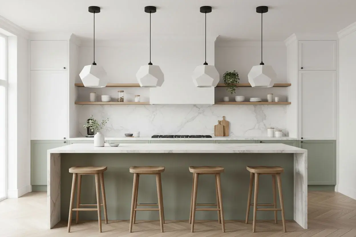 Cuatro lámparas colgantes geométricas blancas iluminan una isla de cocina moderna con taburetes de madera.