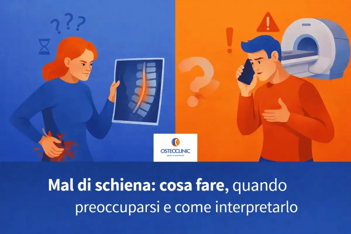 Donna con mal di schiena guarda una radiografia. Uomo al telefono vicino a una risonanza magnetica. Cosa fare per il mal di schiena.