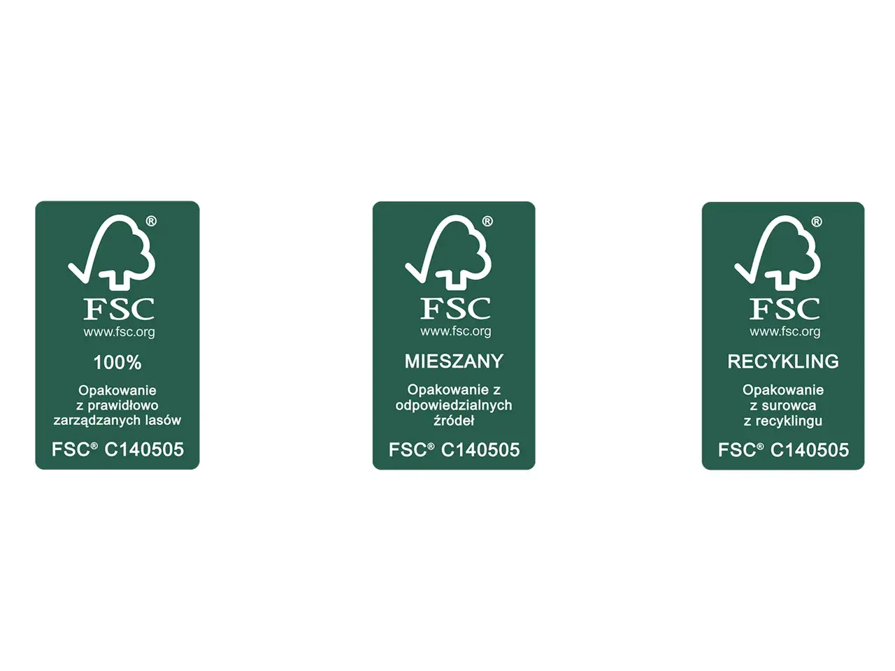 Trzy zielone etykiety FSC: 100% z lasów, mieszane z odpowiedzialnych źródeł i recykling.