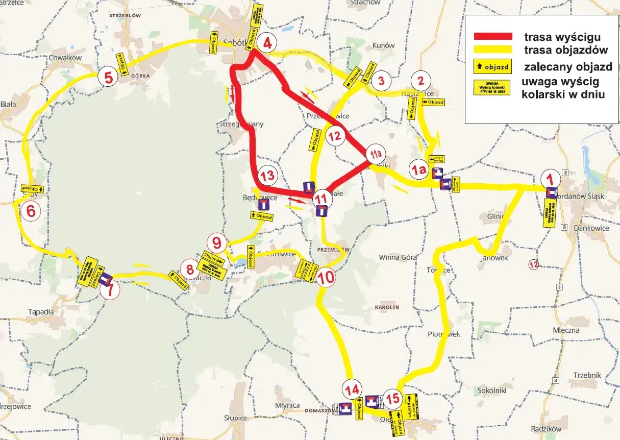 Mapa z trasą wyścigu kolarskiego i objazdami. Nowa osuchowa dojazd zaznaczona żółtą linią, z numerowanymi punktami i tabliczkami "Objazd".