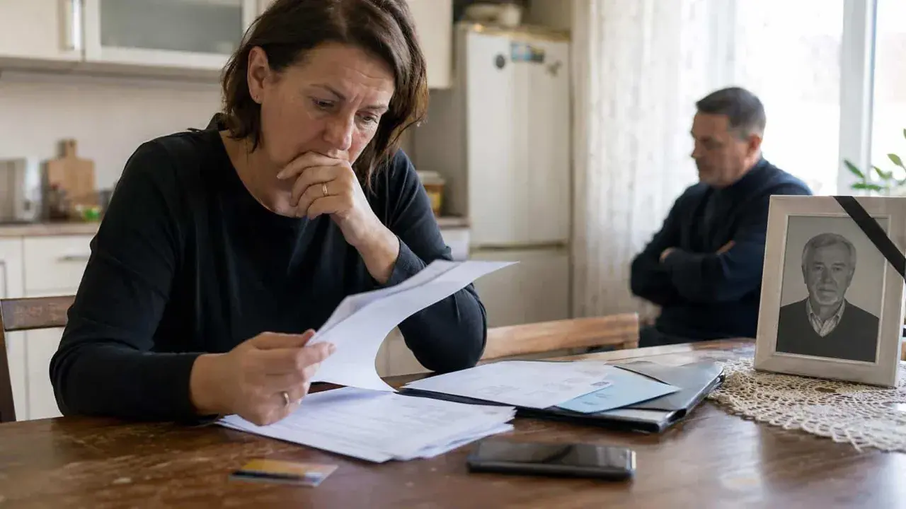 Kobieta analizuje dokumenty, szukając upoważnienia do konta po śmierci bliskiej osoby. W tle stoi mężczyzna, a na stole zdjęcie z czarną wstążką.