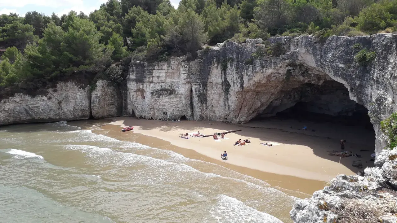 Spiaggia dei Colombi: una baia nascosta con una grotta marina, scogliere bianche e pini marittimi. Alcune persone si rilassano sulla sabbia dorata.