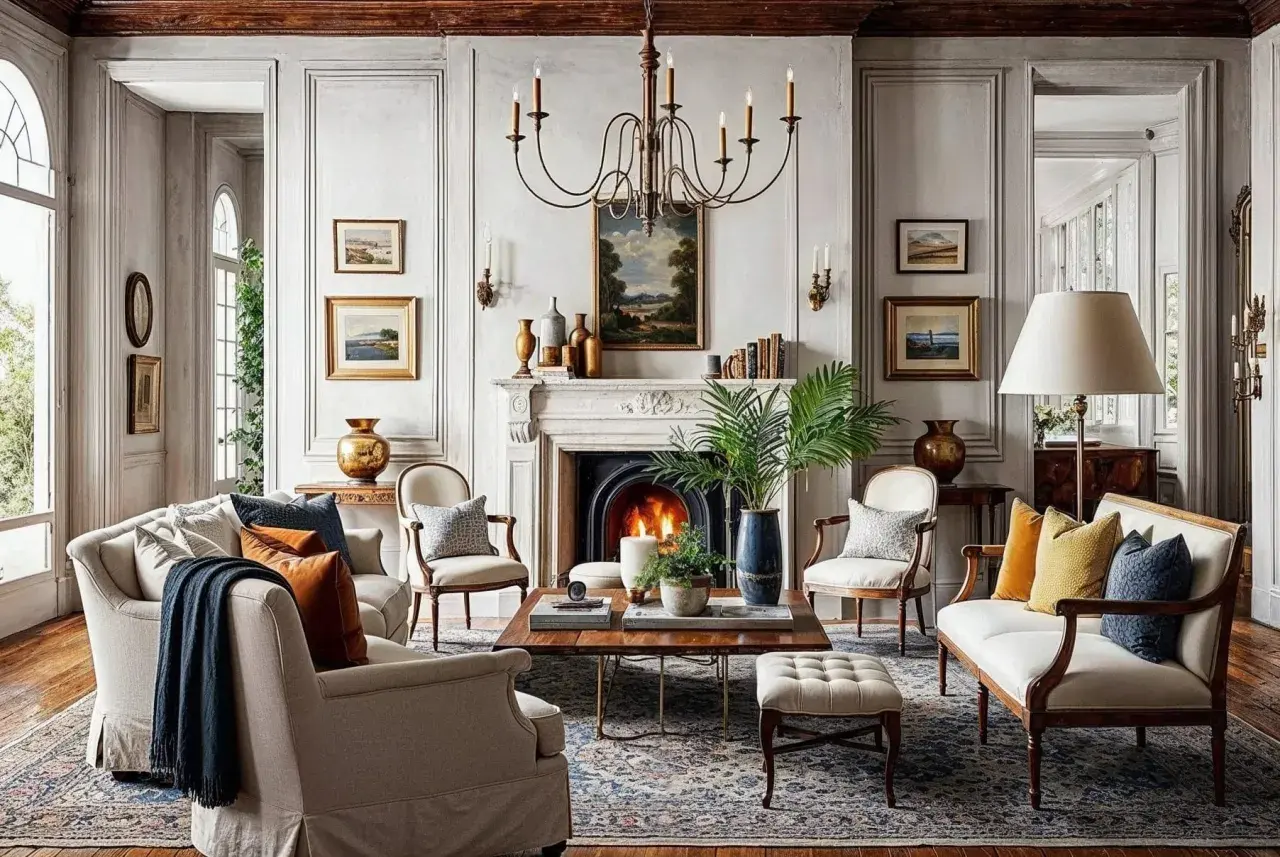 A living room with a fireplace, plush seating, and artwork evokes a sophisticated royal core aesthetic.