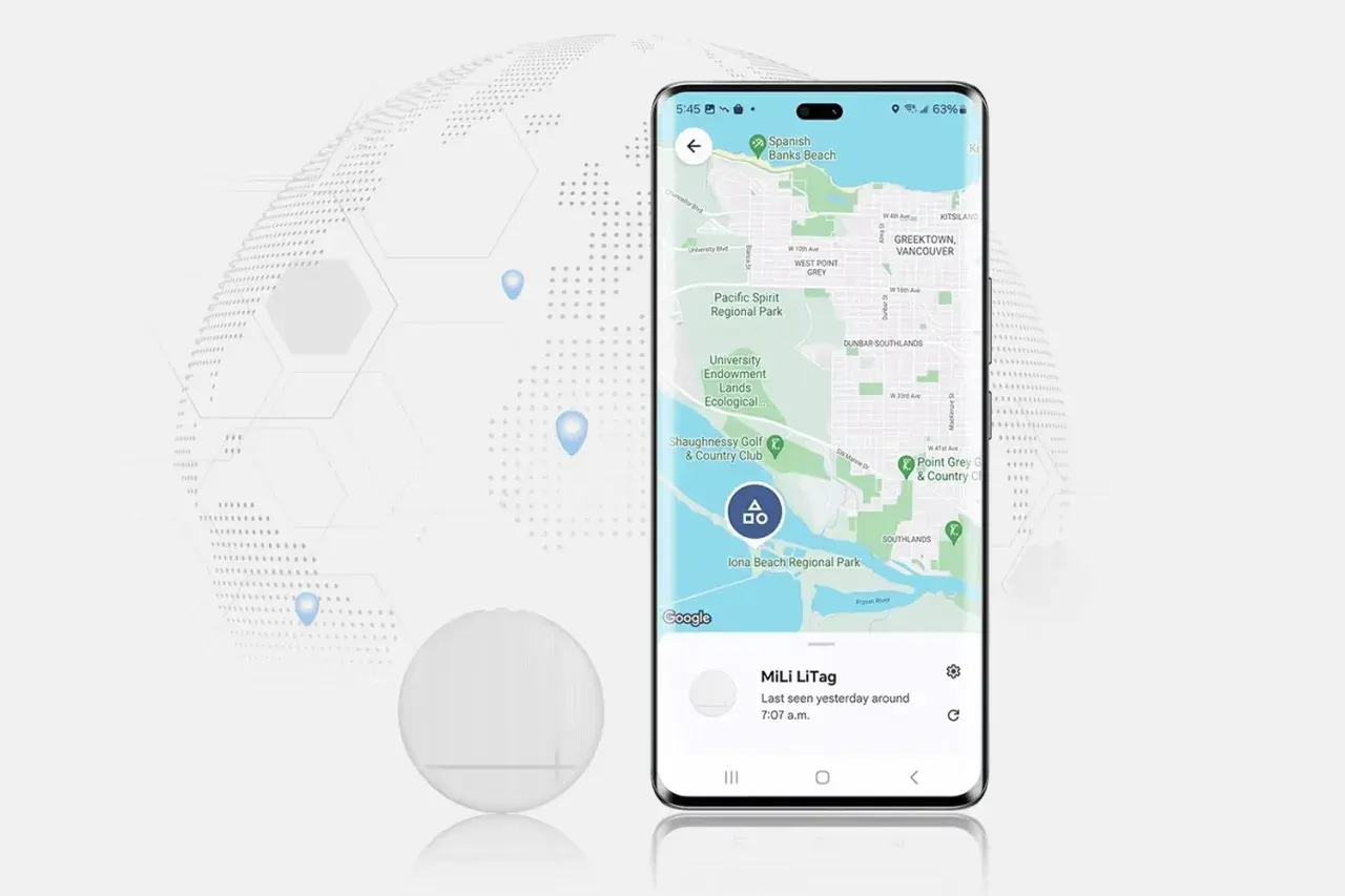 Wyszukiwanie telefonu z lokalizatorem MiLi LiTag. Mapa pokazuje lokalizację w okolicach Vancouver.