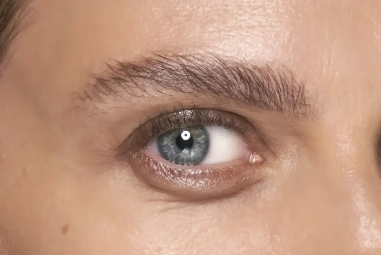 Ett blått öga med perfekt formade, fluffiga **soap brows**.