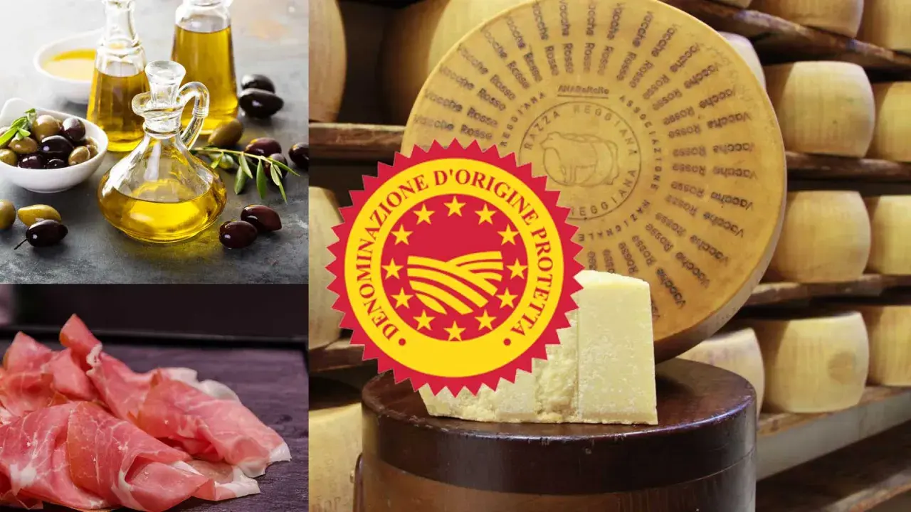 Olivenöl, Prosciutto und Parmesankäse mit DOP-Siegel. DOP Bedeutung: geschützte Ursprungsbezeichnung für Qualitätsprodukte.